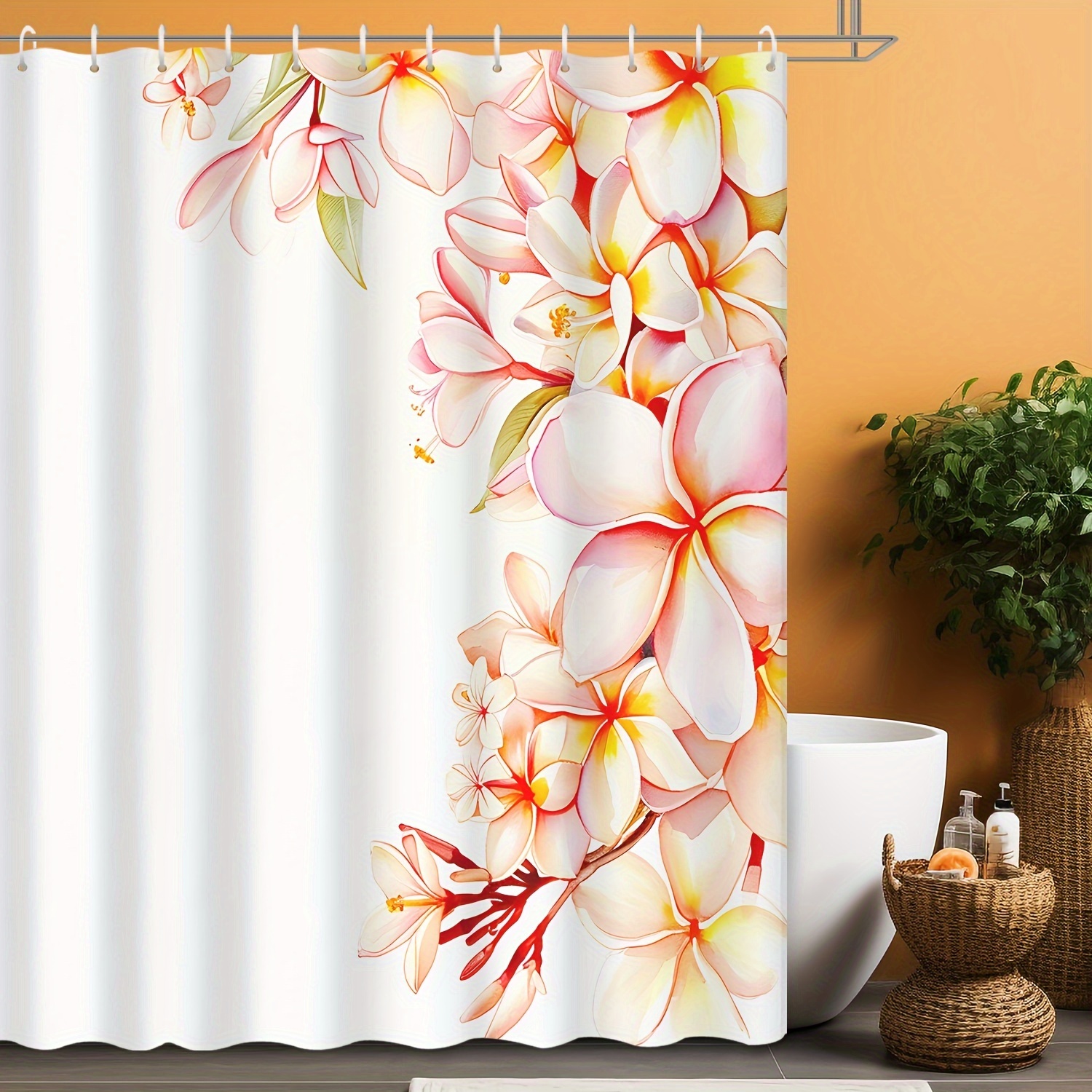 

72" X 183cm Hand-painted Watercolor Plumeria Shower Curtain: Floral Design, Waterproof, Machine Washable, Suitable For Hotel, Apartment, Bathroom, And Shower Room Decor