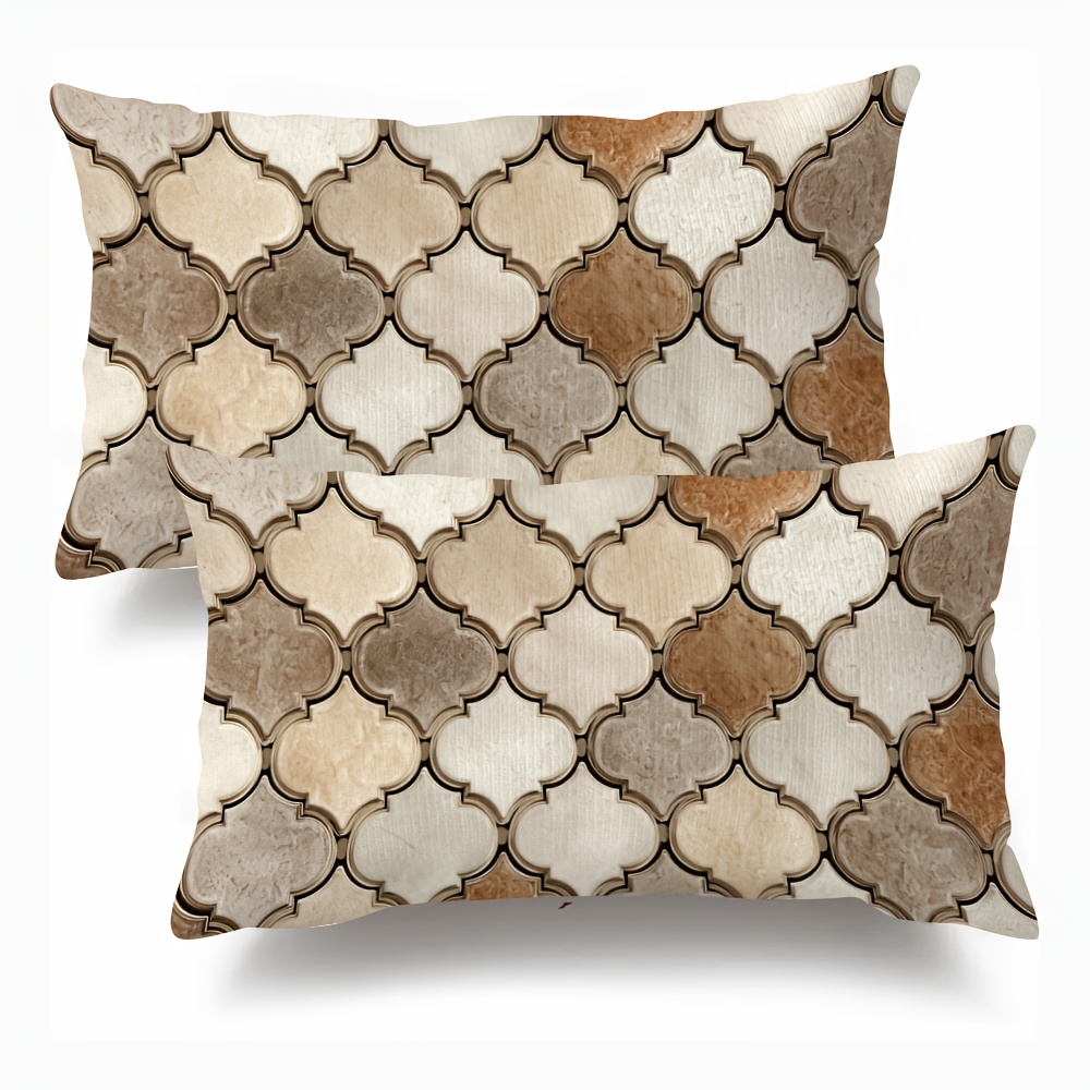 TEMU 2pcs Moroccan Throw Pillows - Super Soft Plush With Faded Cream & Brown Tile Pattern, Double-sided Printed Petal Shaped Sofa Bed Decor, 12x20