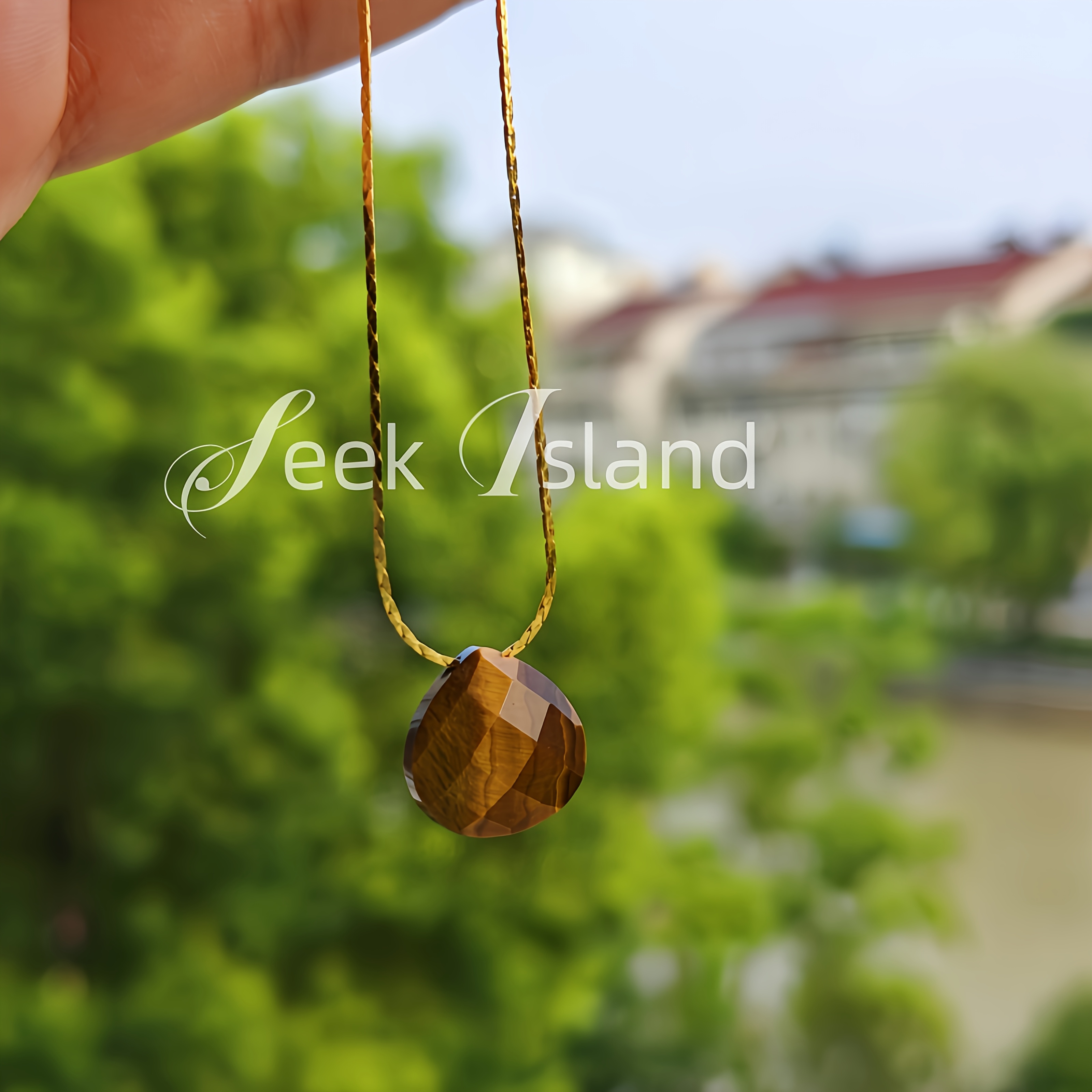 Adjustable Tiger's Eye Necklace with Diamond Cut Drop Pendant
