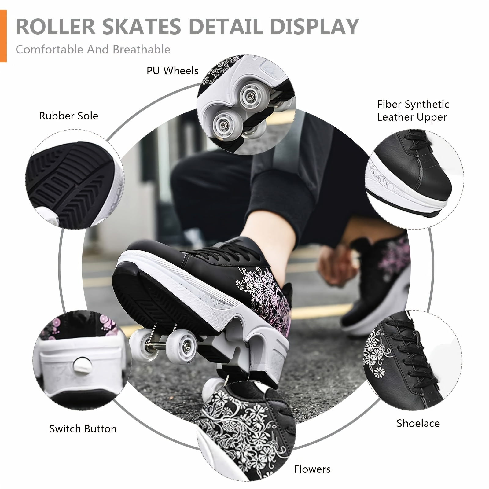 2-in-1 Roller Skate Sneakers for Women Men Black White Double Row  Detachable Wheels, Ergonomic Lightweight, Indoor/Outdoor Skat