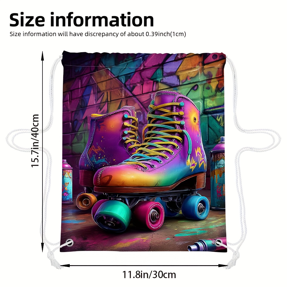 TEMU 1pc Mochila Estampada 2D con de Patines Vibrantes - Duradera y , Tela con Bolsillos Prácticos, Ideal para Yoga, Gimnasio, Viajes y Fútbol -