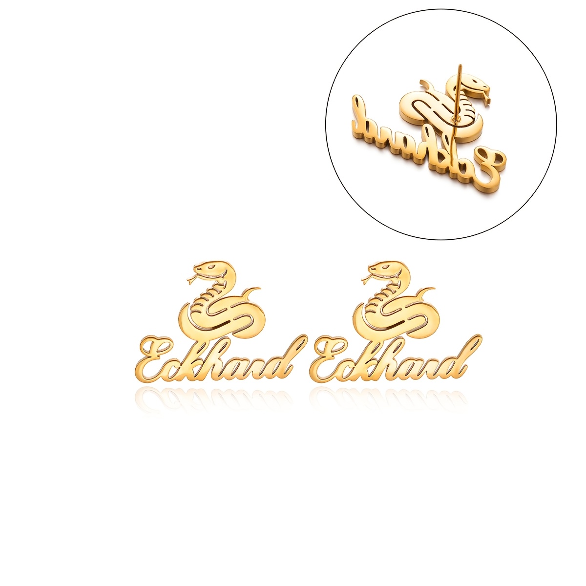 Custom Name Golden Snake Earrings, Personalized Cartoon Cobra Studs