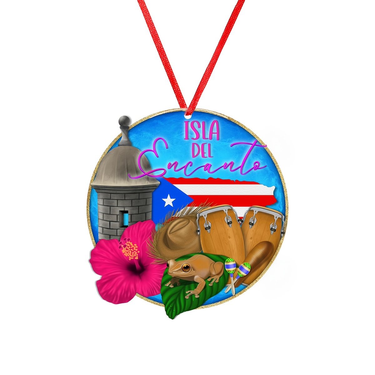 

Puerto Themed Acrylic Hanging Ornaments - Includes , Maga Flower, , Castle, Congo Drum With " Del " Charm For Keychain Or Car Decor, Puerto Car Accessories