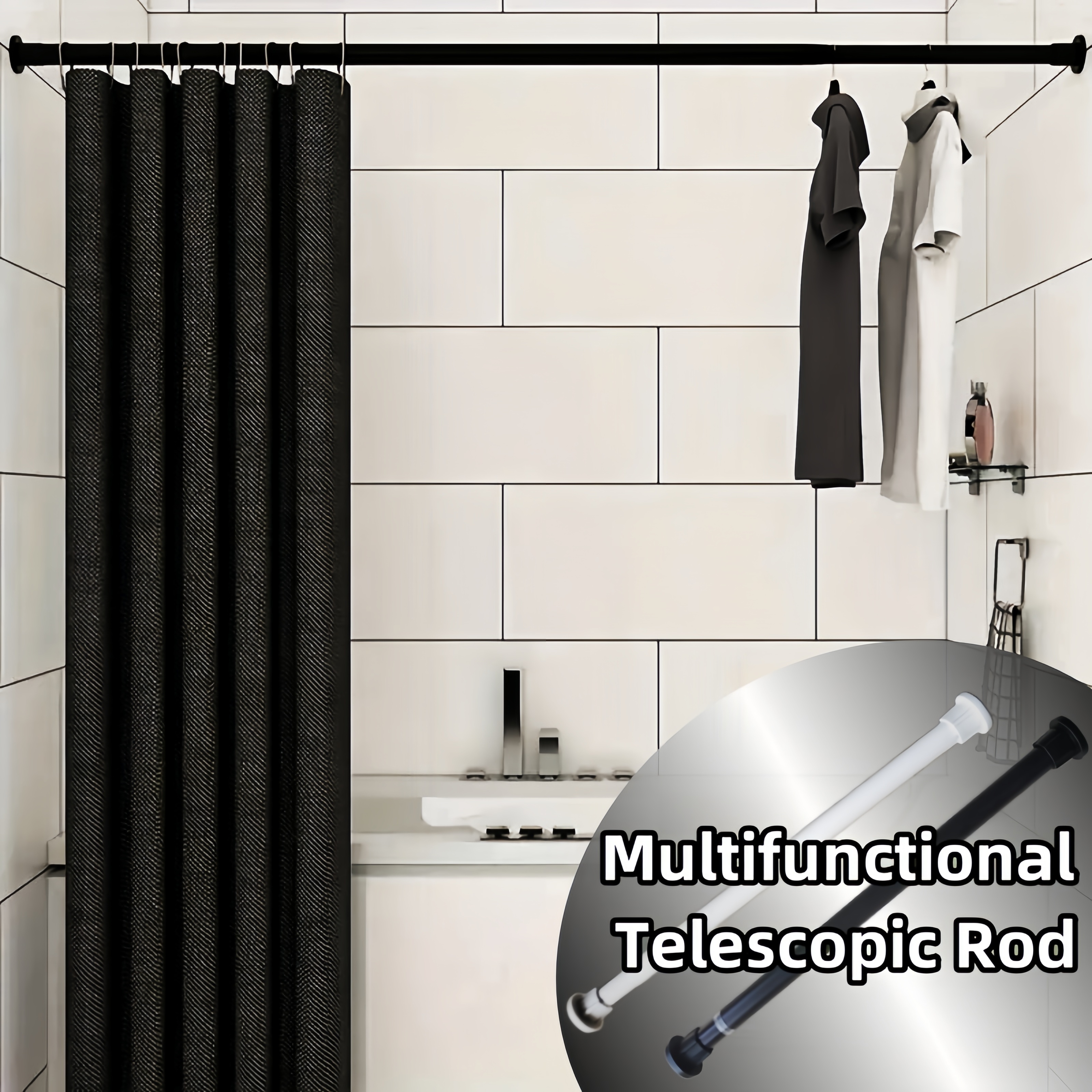 

1pc Multifunctional Telescopic Rod - Stainless Steel Non-slip Spring Tension Curtain Rod - Punch-free, Easy Install For Shower, Wardrobe Support, Drying - Black & White