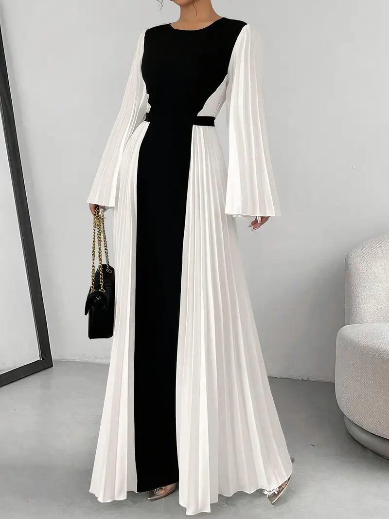 elegant color block pleated bell sleeve maxi dress women - Temu Oman elegant color block pleated bell sleeve maxi dress women - Temu Oman
