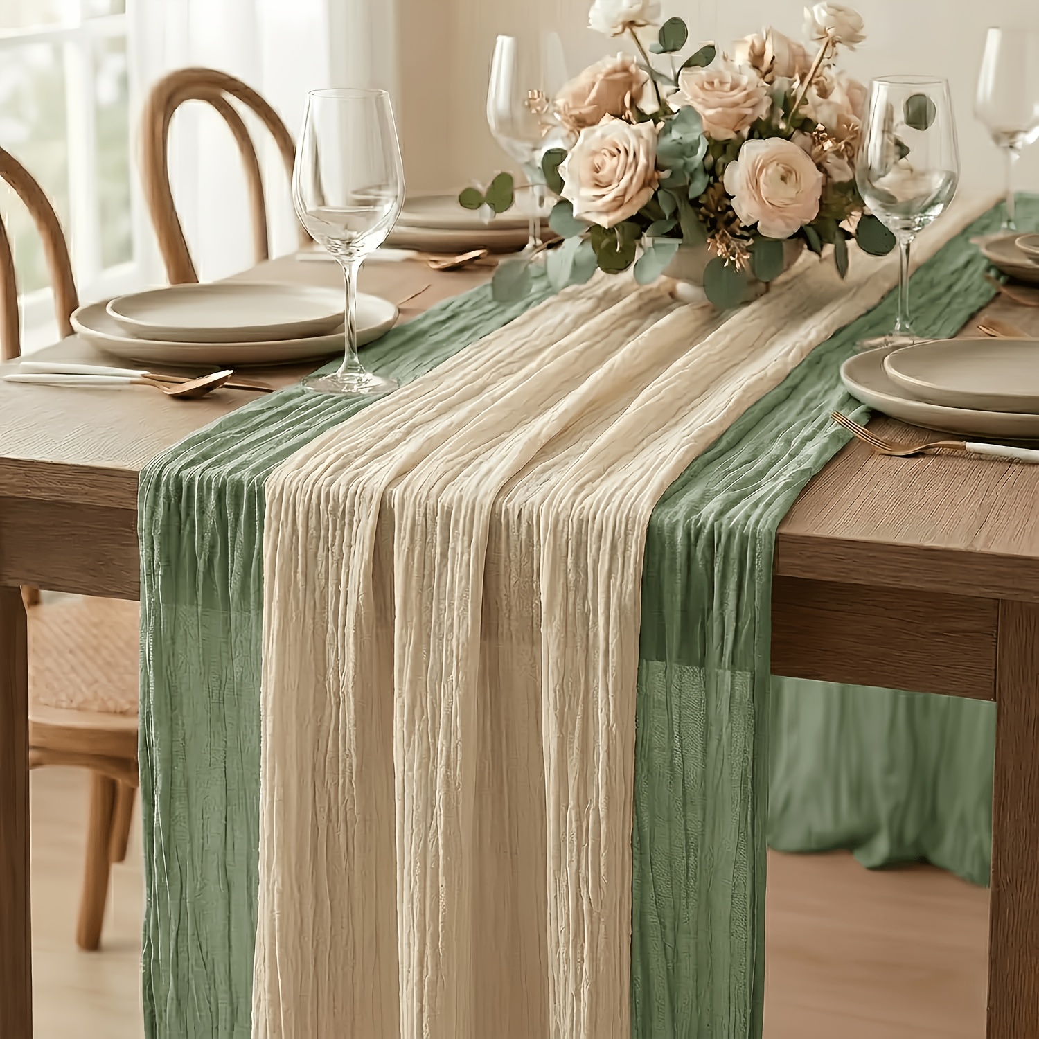 TEMU 2pcs Sage Bohemian Rustic Gauze Cheesecloth Table Runner, 45.05*275.95cm, Suitable For Weddings, Parties, Anniversaries, Birthdays, Farmhouse