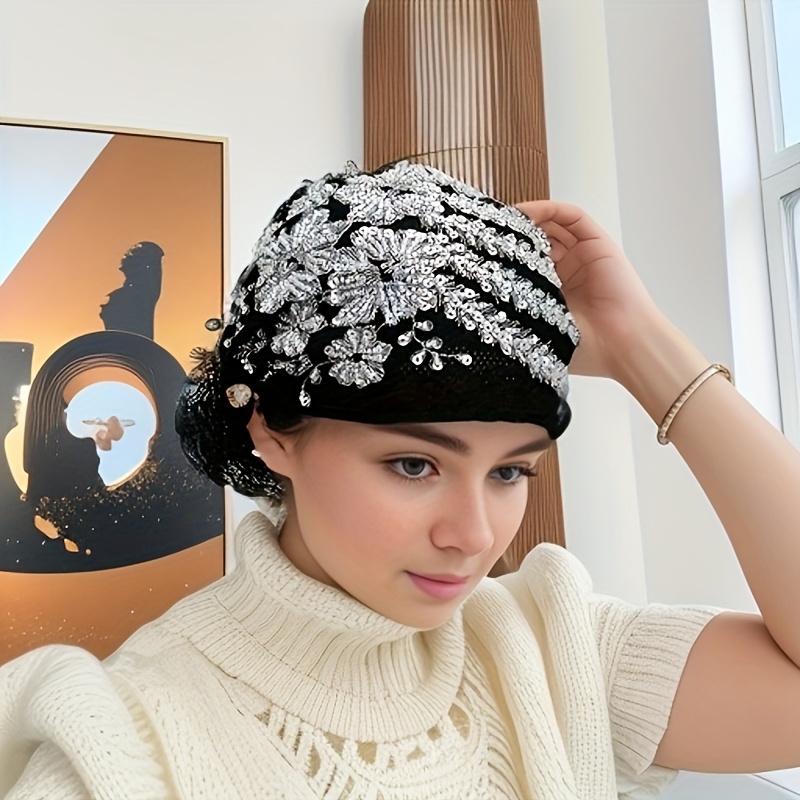 TEMU Gorgeous Sequin Flower Women's Headwrap Stretched Comfortable Soft Hair Hats Used For Parties, Festivals, And Other Occasions