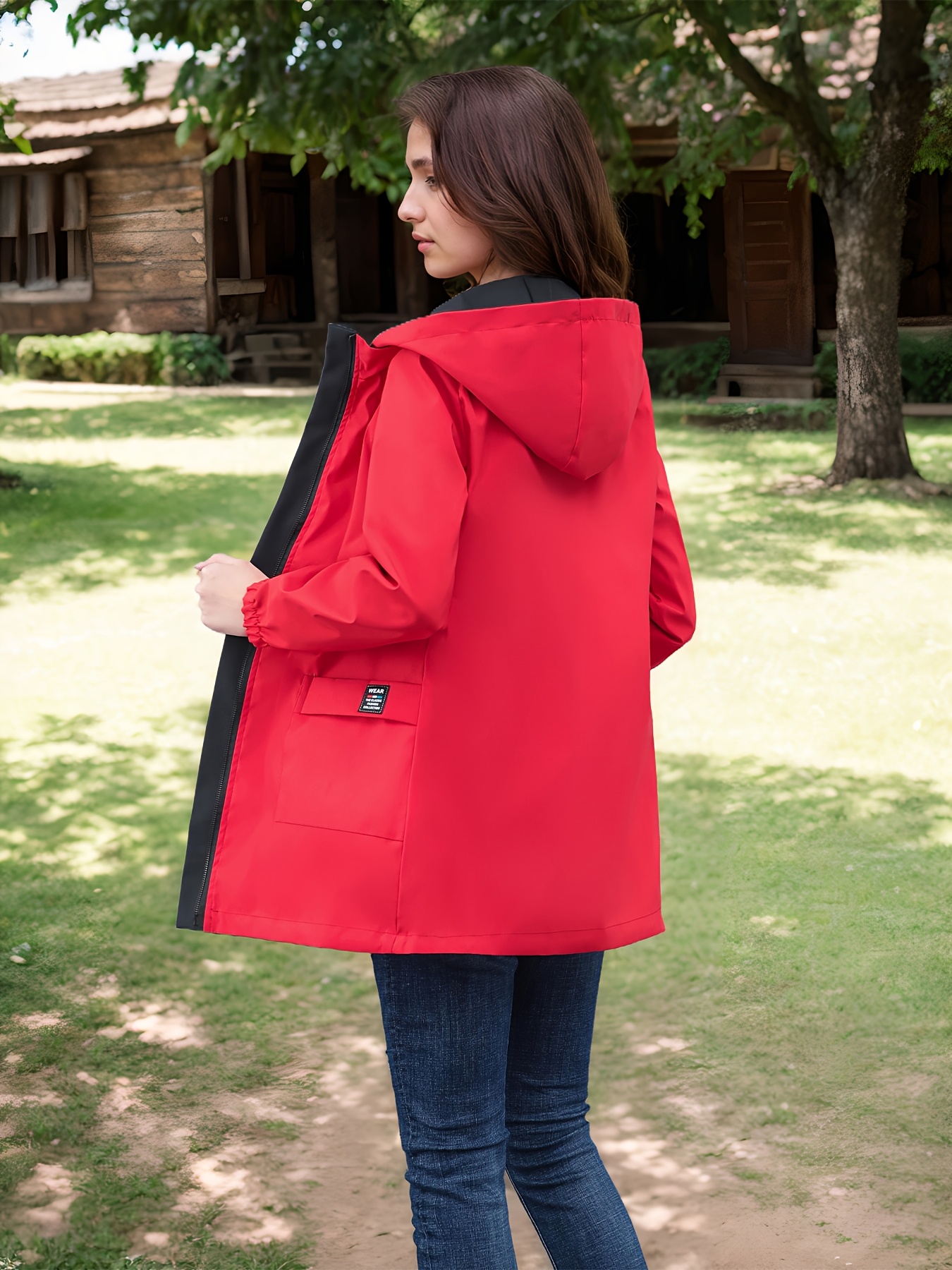 2024 new womens hooded windbreaker jacket   length casual coat with adjustable drawstring waist zipper closure button details solid color for   outdoor wear nonstretch fabric details 14