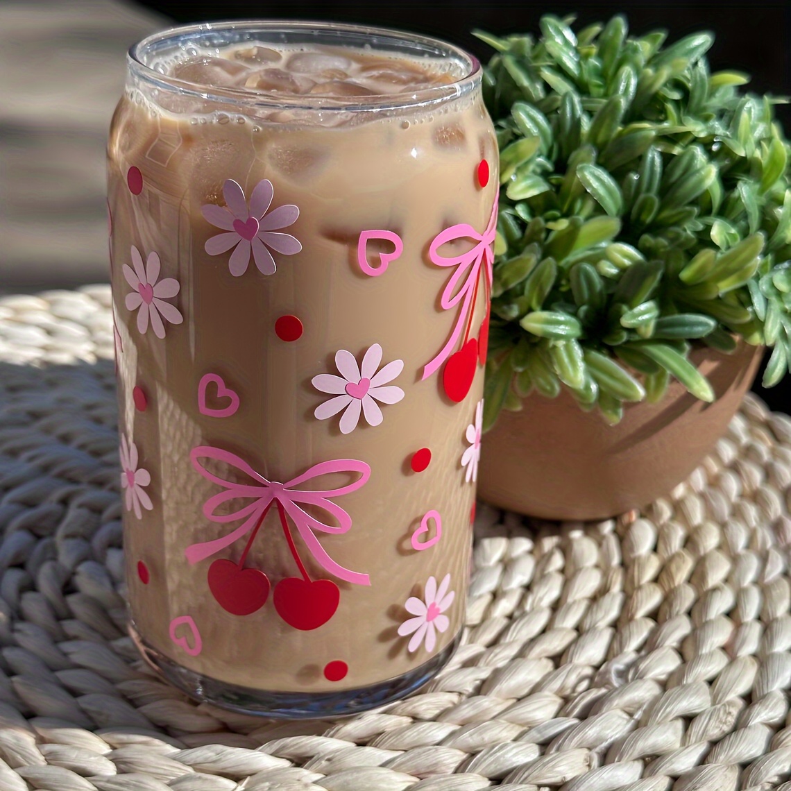 

1pc, Cherry Bowtie Drinking Glass With Lid And Straw, 16oz Can Shaped Water Cup, Iced Coffee Cup, For Tea, Juice, Milk, Birthday Gifts, Drinkware