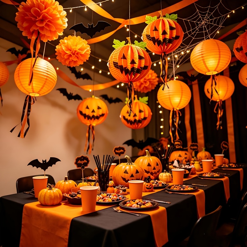 TEMU 14pcs Halloween Pumpkin Theme Doorway Hanging Decoration Set, Including Pumpkin Grinning Paper Lanterns, Paper Lanterns, Paper Flower Balls,