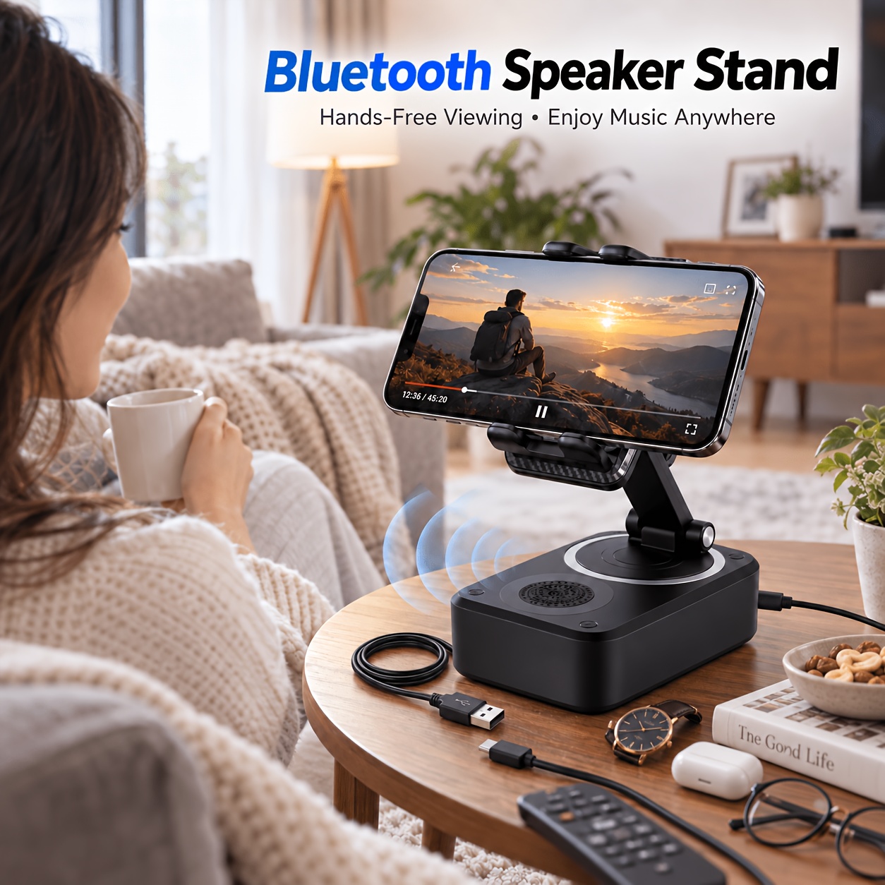 TEMU 2026 New Multifunctional Portable Bluetooth Speaker Stand, 360° Adjustable Foldable Phone Holder With Usb Cable, Music Audio Stand, Emergency