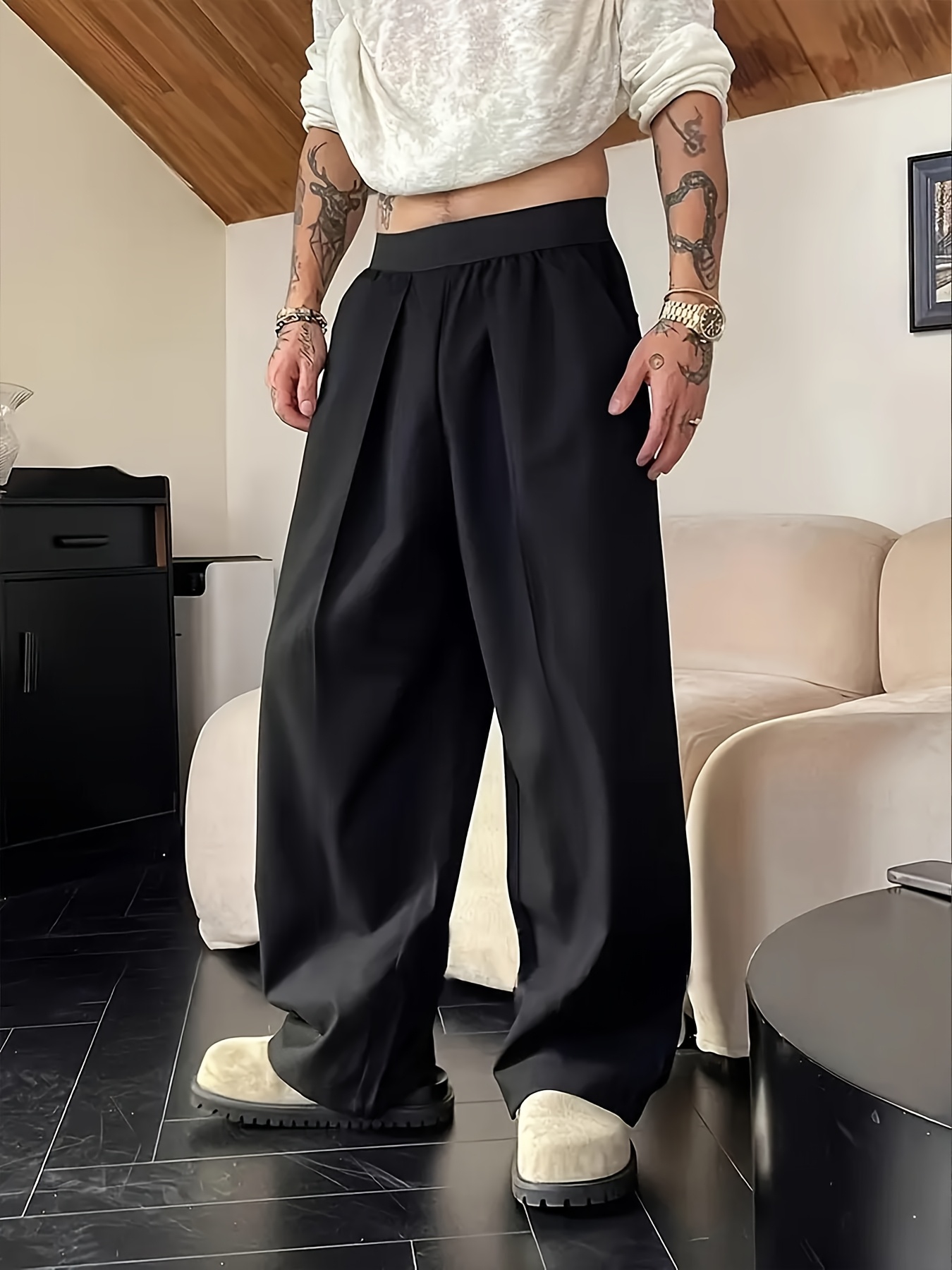 メンズウェア RUFFLOG WIDE STRETCH BELTED PANTS BLACK black wide leg pants men sold on Temu United States