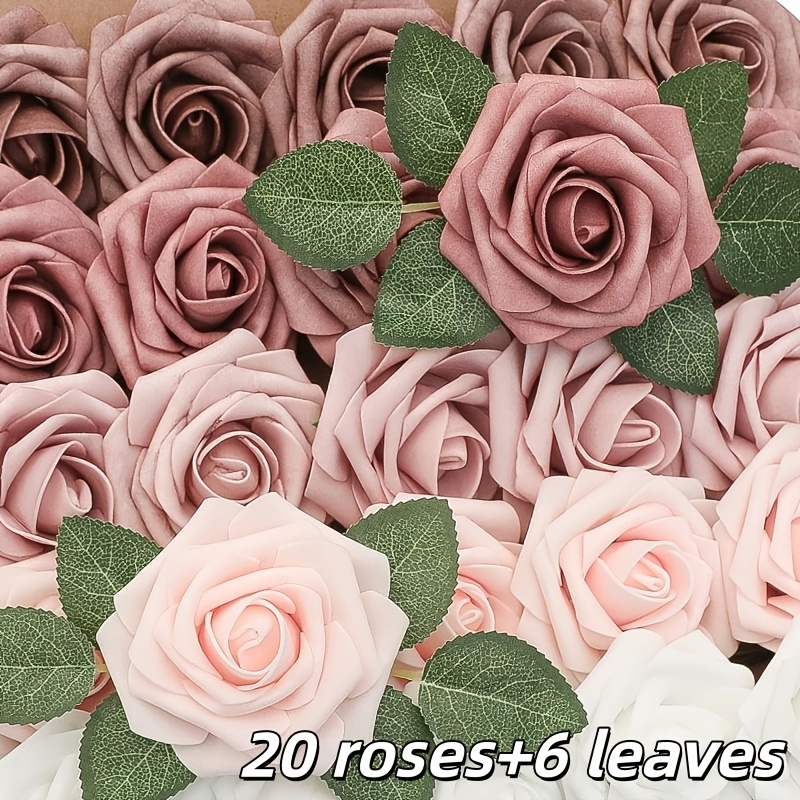 Image of 26pcs Artificial Rose Flowers Combo (20 Foam Roses + 6 Leaves), No Maintenance Fake Roses For Bouquets, Wrist Corsages, Wedding & Party Centerpieces, Home Decor, Christmas Decor, Halloween Decor