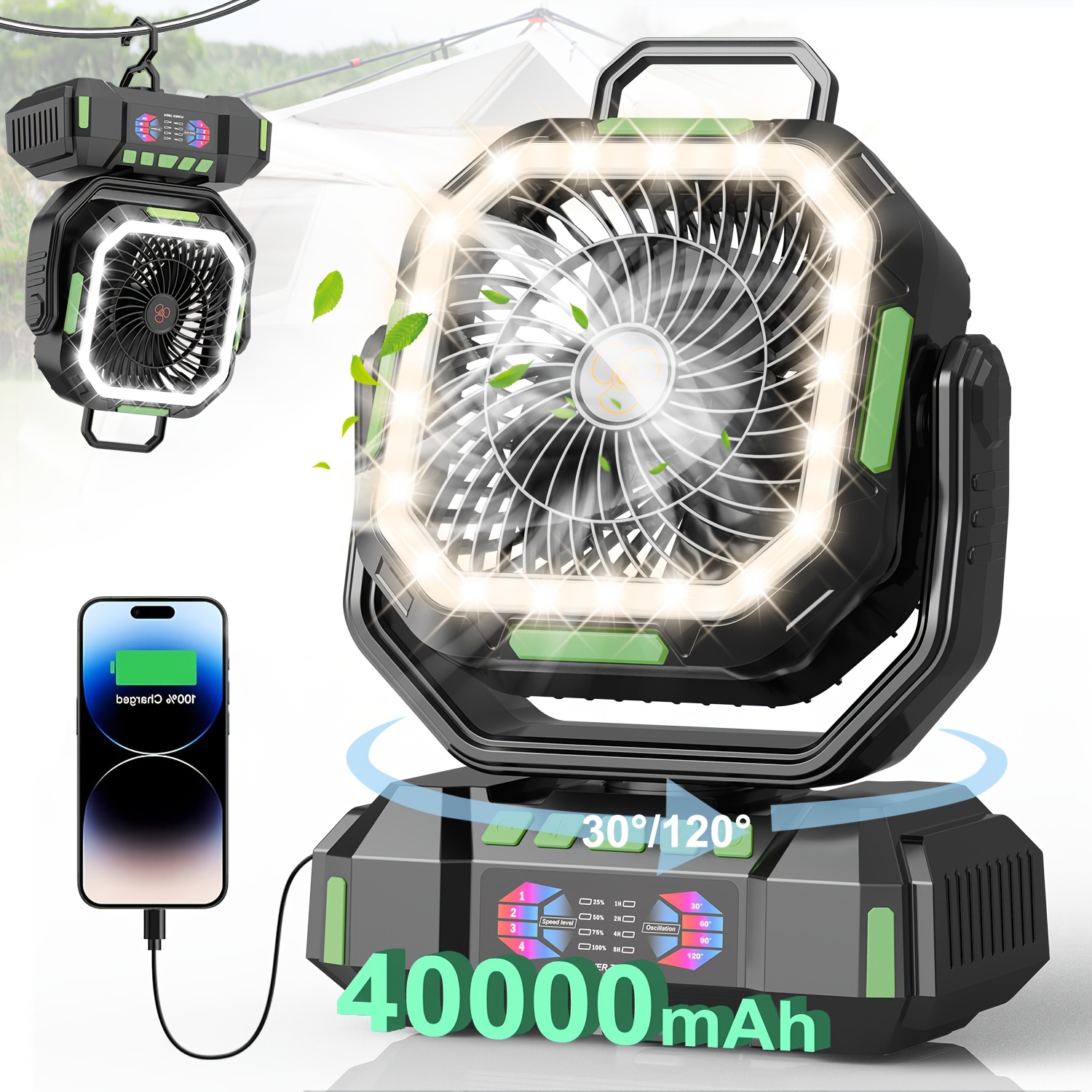 TEMU 40000mah Portable Fan With Hook & Bright Led Light, Cordless Remote Control Suitable For Power Outage, Camping, Bbq, Travel, Home Cooling Fan