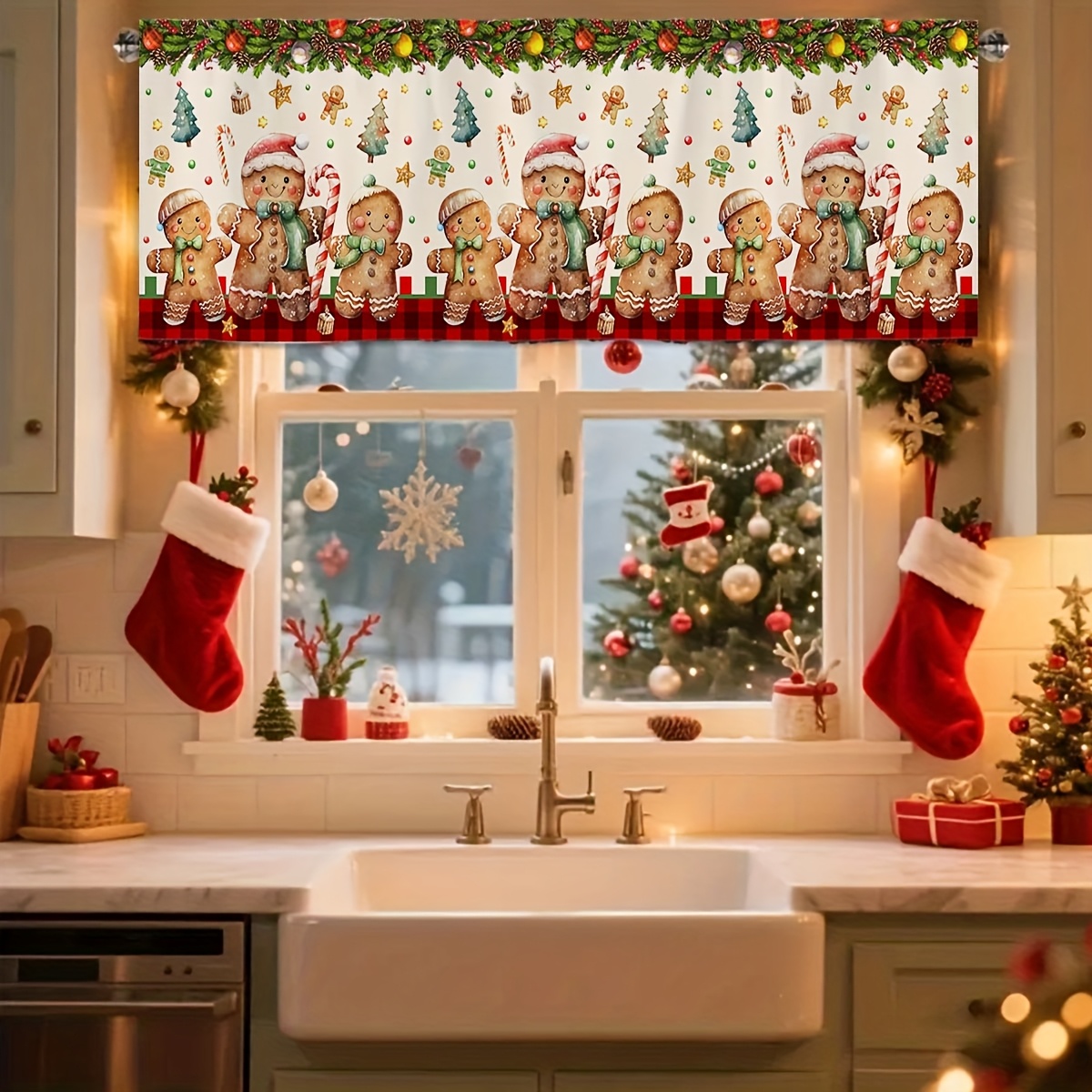 TEMU 1pc 45*140cm Cartoon Christmas Curtain - Red And Black , Cartoon Gingerbread Man, Christmas Tree Pattern - Semi-transparent Light Blocking