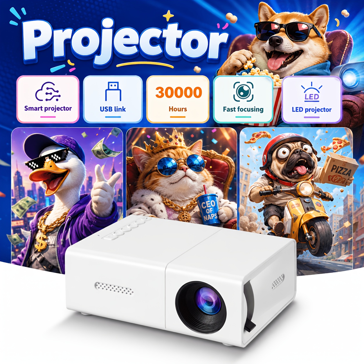 Prenosni projektor 2026, mini projektor za domači kino, hitro ostrenje, enostaven za uporabo, združljiv s pametnimi telefoni, računalniki,
