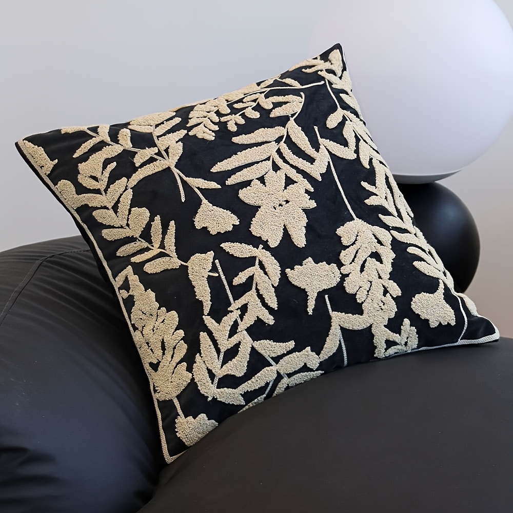 Image of 1 Vintage Black Floral Embroidered Decorative Pillow Cover 45x45cm - Elegant Retro Style, Zippered Polyester Cushion Case For Versatile Room Sofa Decor, Hand Wash Only (insert Not Included)