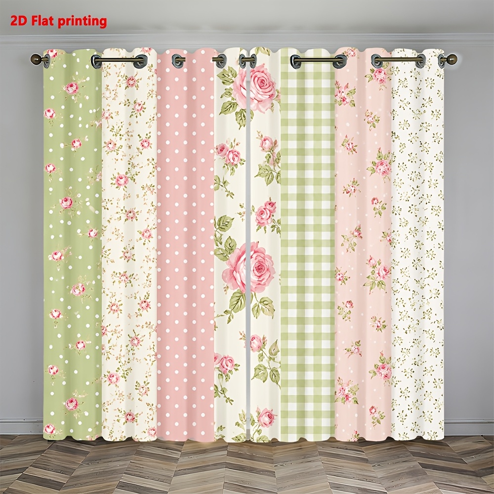 Image of 2d Flat - 2d Flat 2pcs Curtains Rose Floral Gingham For Living Room Bedroom Cafe Decor Light Luxury Minimalist European Style, Suitable For Living Rooms, Bedrooms, Study Rooms, And Home Decoration