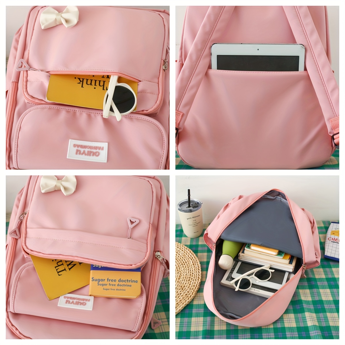 Alternative view of Juego de bolsos para mujer, set de 4 piezas: mochila, estilo académico, en colores negro, rosa, azul, verde y…