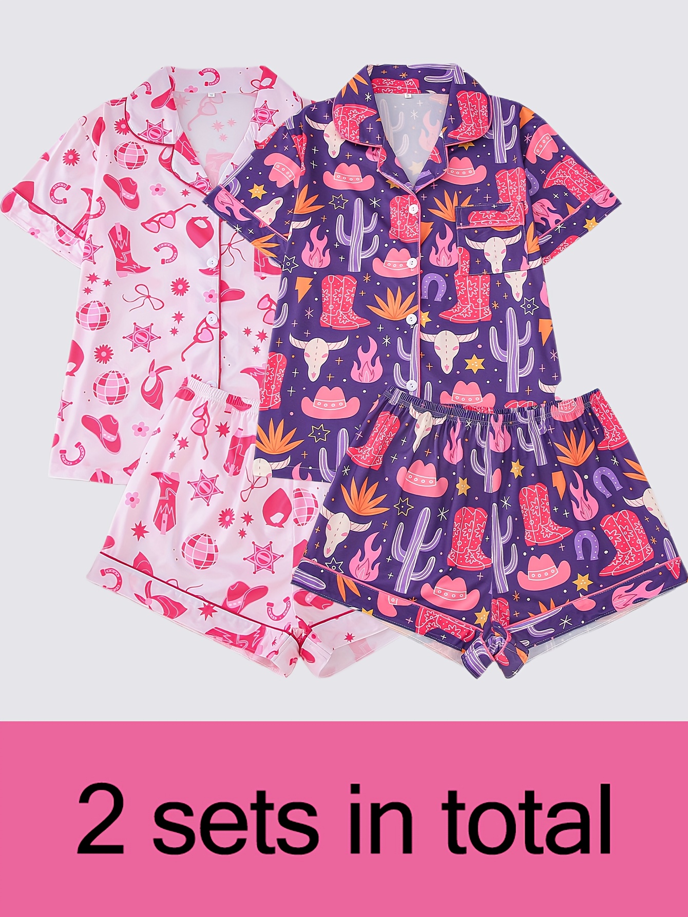 two sets of womens sleepwear sets   of womens sleepwear sets fabric short sleeved button up top and matching shorts full body print collar and pocket details suitable for womens adult sleepwear sets Product details 0
