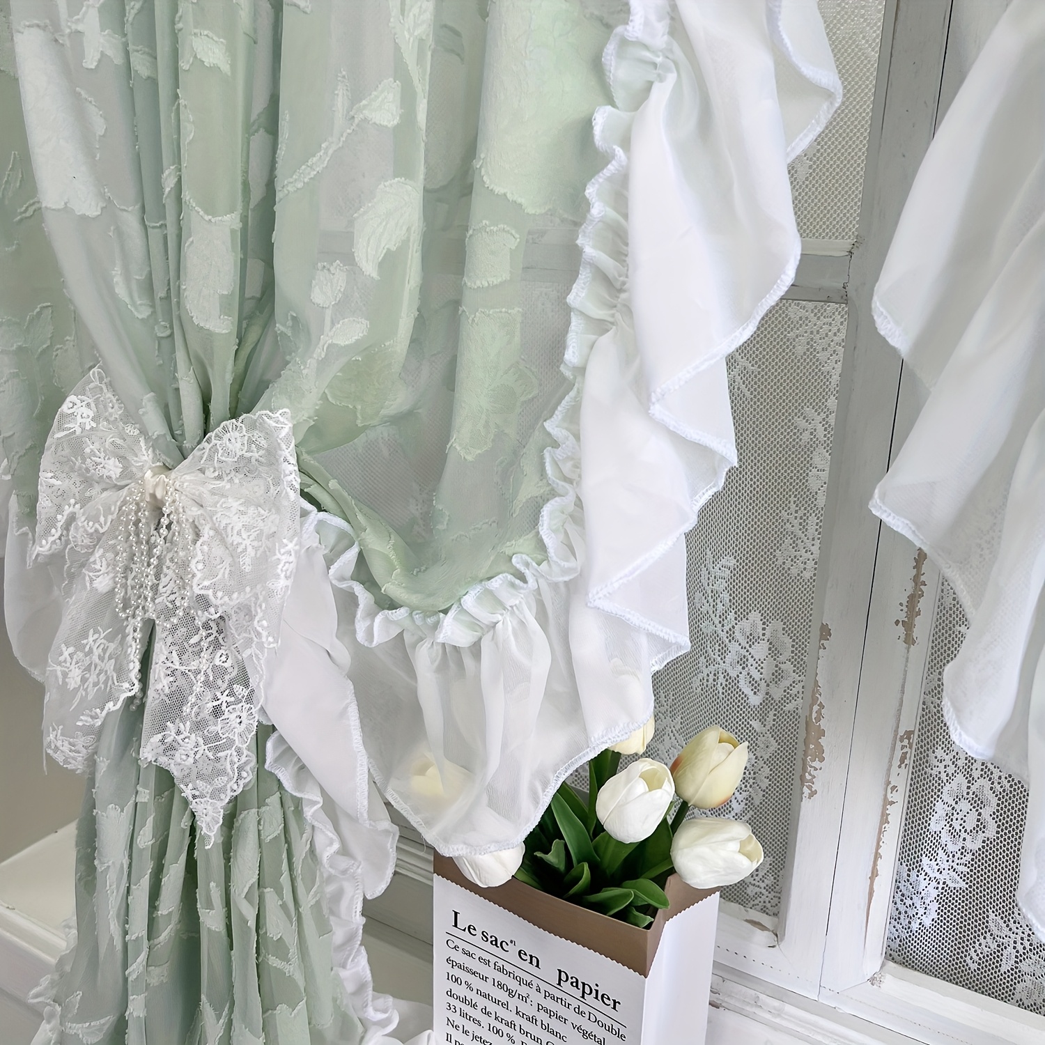 Sweet Home Collection Sage Green Voile Ruffle Curtain Panels - Sheer Window Tiers Or Valance