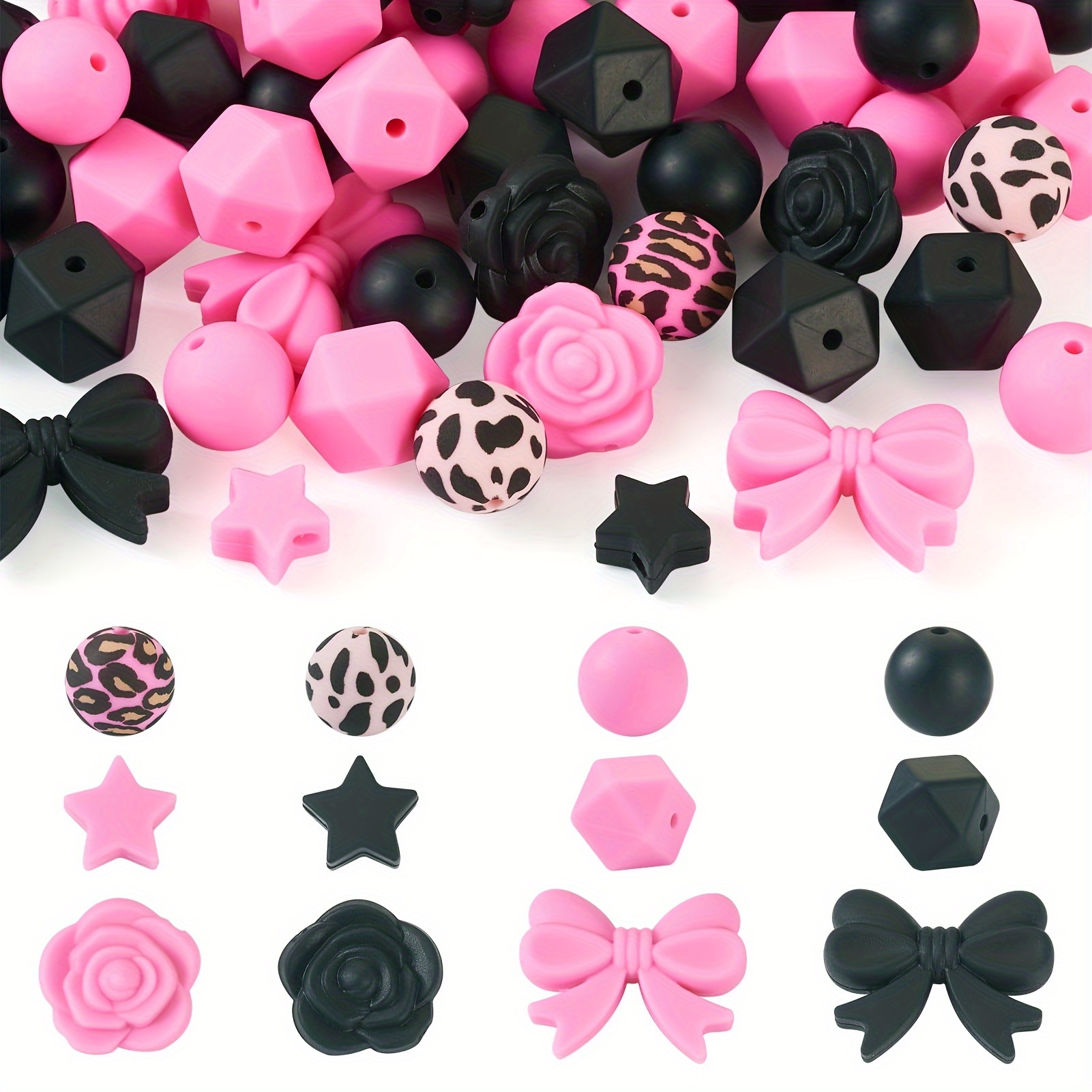 

30 Pcs Black & Print Silicone Beads, Stars, Octagons, Roses, Bows - 15mm Diy Jewelry Making, Keychains, Phone Chains, Bracelets, Handmade Accessories