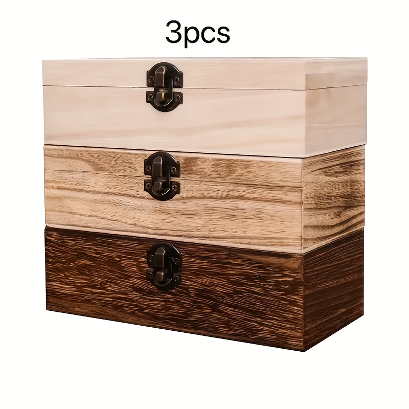 3pcs Rustic Wooden Jewelry Box Set With Locks - Vintage Pine Organizer For Keepsakes, Gifts & Accessories - Hinged Lid Collection