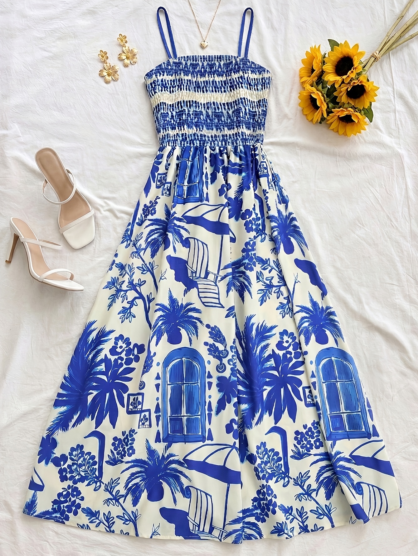 blue multi color dress Women's Blue and White Floral Print Tie Strap Maxi Dress R30772D – Crazy  House Western Wear