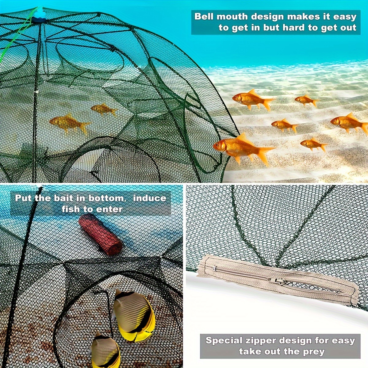 versatile foldable hexagon   with 4 6 8 10 holes ideal for catching small fish lobsters crabs durable nylon green Product details 3