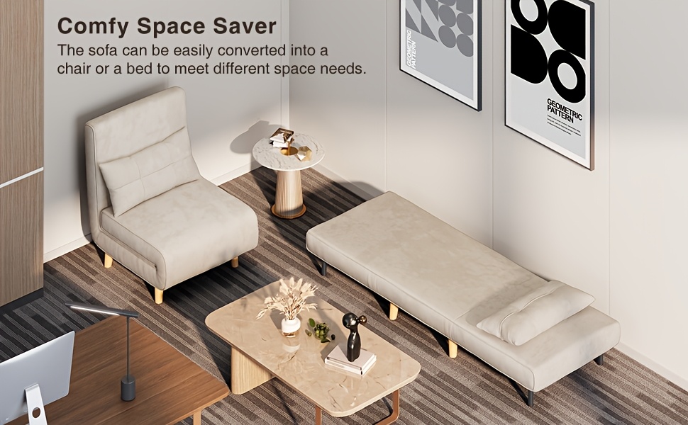 3-in-1 Convertible Sofa Bed Sleeper Chair with Pull-Out Bed, 6-Level Adjustable Backrest & Cushioned Armrests - Space-Saving Modern Furniture for Small Apartments, Dorms, Guest Rooms - Beige Sofa Chair Converts to Bed, Sleeper Sofa Bed