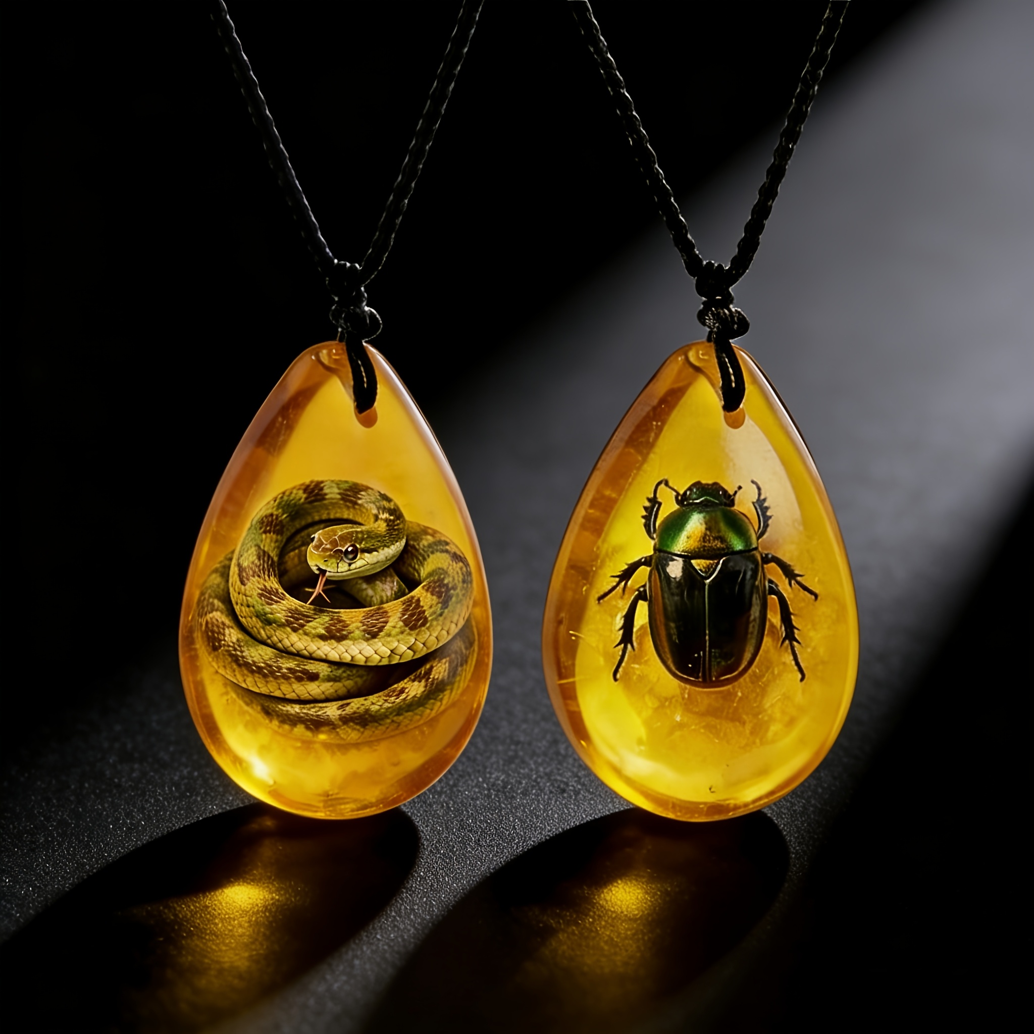 2pcs Unisex Imitation Amber Snake & Beetle Pattern Necklace Set