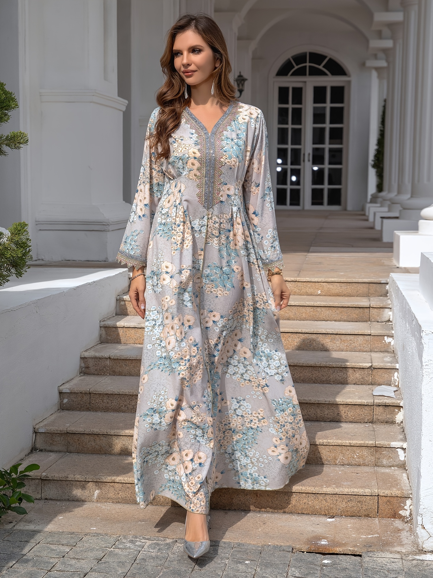 Print Loose Fit Long Sleeve Modest Dress with * Accents, Floor-Length  Luxury Abaya Gown for Dubai, Weddings & Formal Events, Muslim Dress,  Wedding Guest Attire, Luxurious Fabric