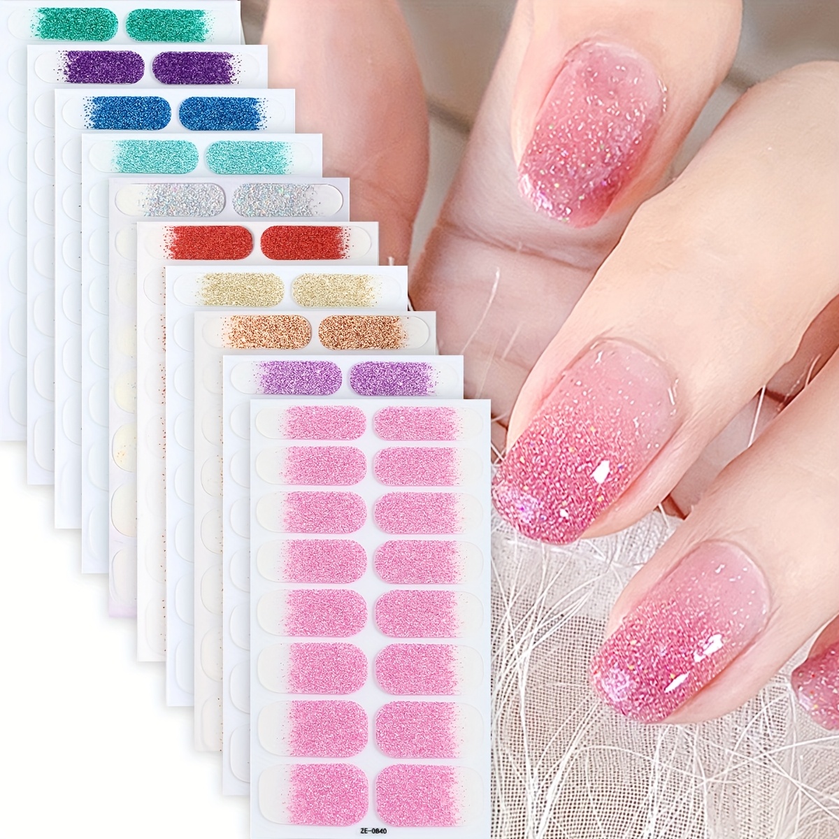 Image of 160pcs Pink Gradient Nail Polish Strips Sparkling Glitter Self-adhesive Full Cover Nail Sticker With Nail File Long Lasting Nail Stickers For Women And Daily Dating Use Manicure Decoration Nail Art