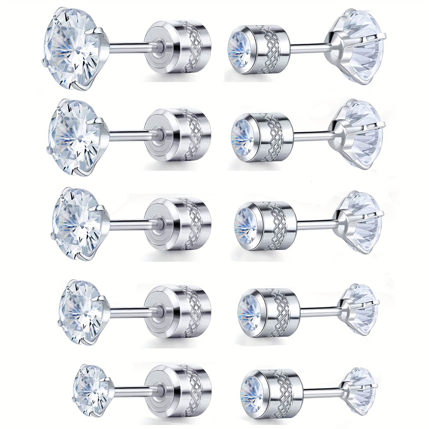 

Pack Of Titanium Round/square Cz Screw Back Earrings Hypoallergenic For Sensitive Ears 5 Pairs