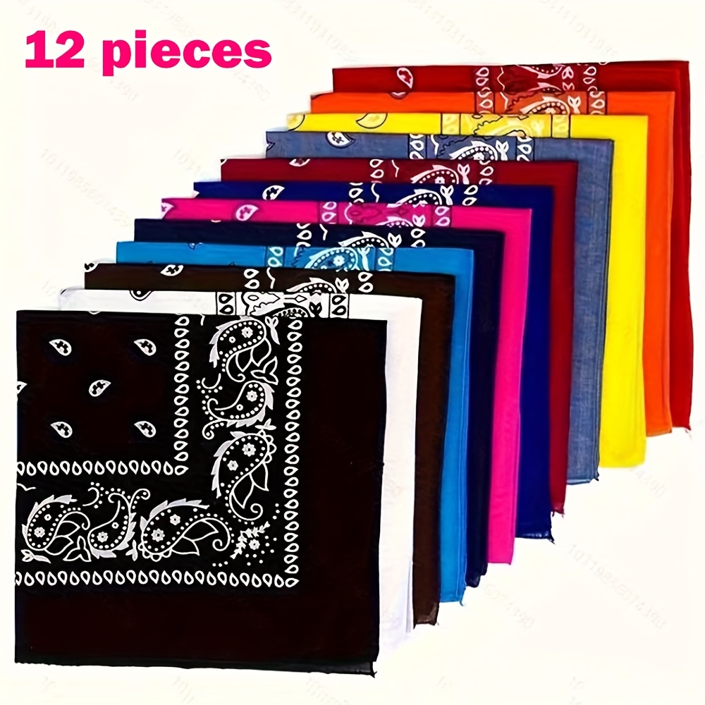 

12-pack Square Bandanas, 100% Polyester Hip Hop Headscarves, Unisex Fashion Printed Scarves For Street Dance, Casual Sports Woven Towels, Decorative Inelastic Towel For Weekend - Hand Wash Only