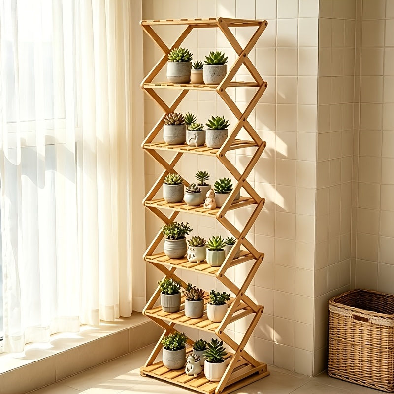 Image of X-shaped Bamboo Plant Stand 125cm Tall - 7-tier Sturdy Flower Shelf Rack, Freestanding Corner Display Stand For Indoor & Outdoor Plants In Balcony, Garden, Living Room & Patio