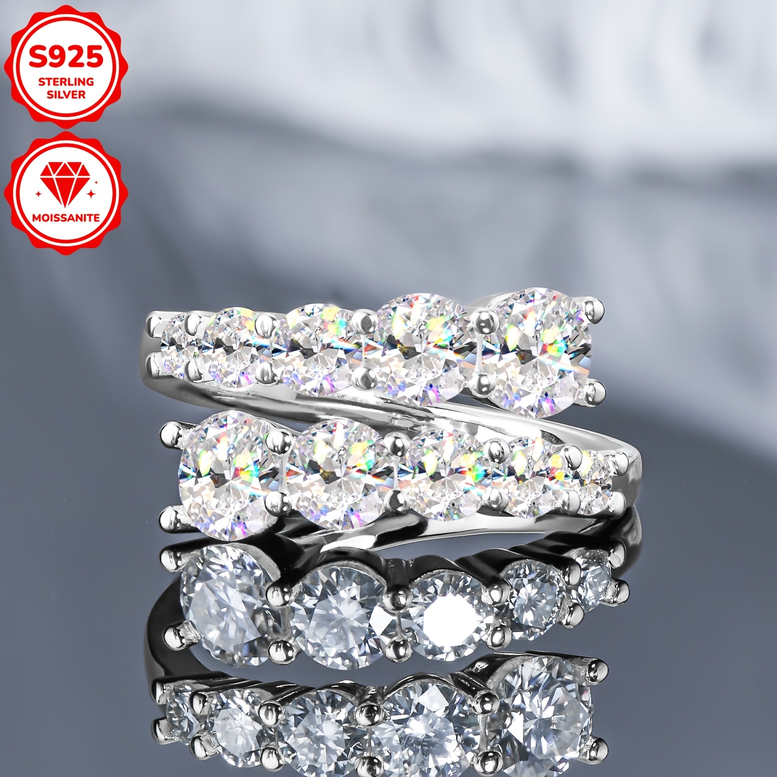 1pc moissanite ring 925 pure silvery ring womens wedding ring engagement ring round moissanite double head twist arm pure silvery ring silvery weight about 7 74g moissanite size 5 5mm 2pcs 4 7mm 2pcs 4mm 2pcs 3 5mm 2pcs 2 8mm 2pcs total carat 3 26ct     holiday theme details 5