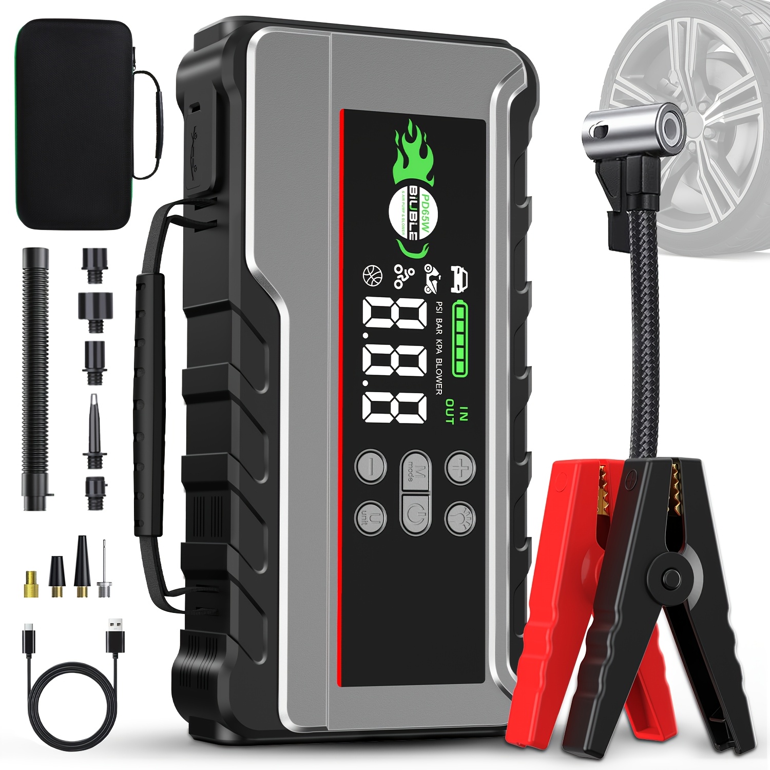 E-shop Tragbarer 12000A Starthilfe für Autos mit 150-PSI-Luftkompressor (Aufpumpen & Entleeren), 12-V-Autobatterie-Booster (für alle