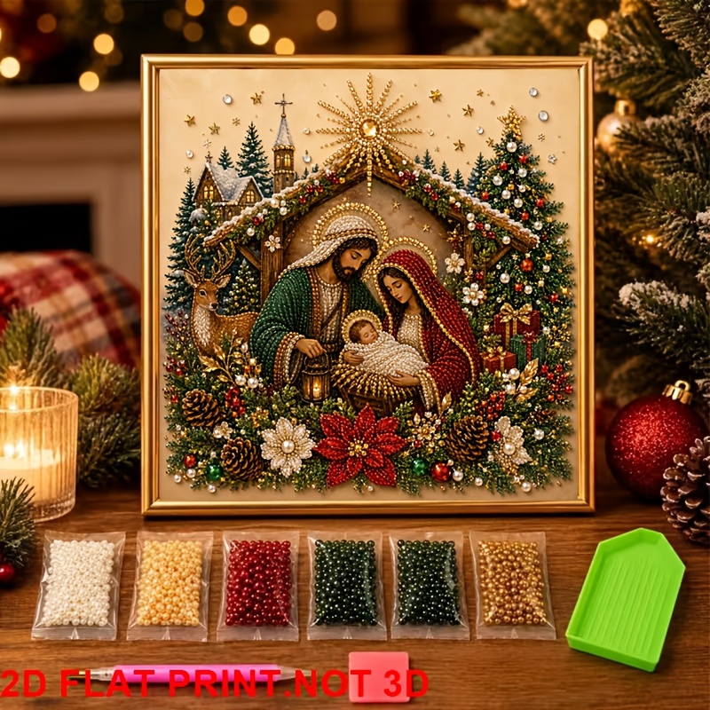 TEMU New Colored Pearl Diamond Painting Kit, Holy Birth Scene Diamond Painting, Stable And Christ With Christmas Tree Deer Gift Decoration, Suitable