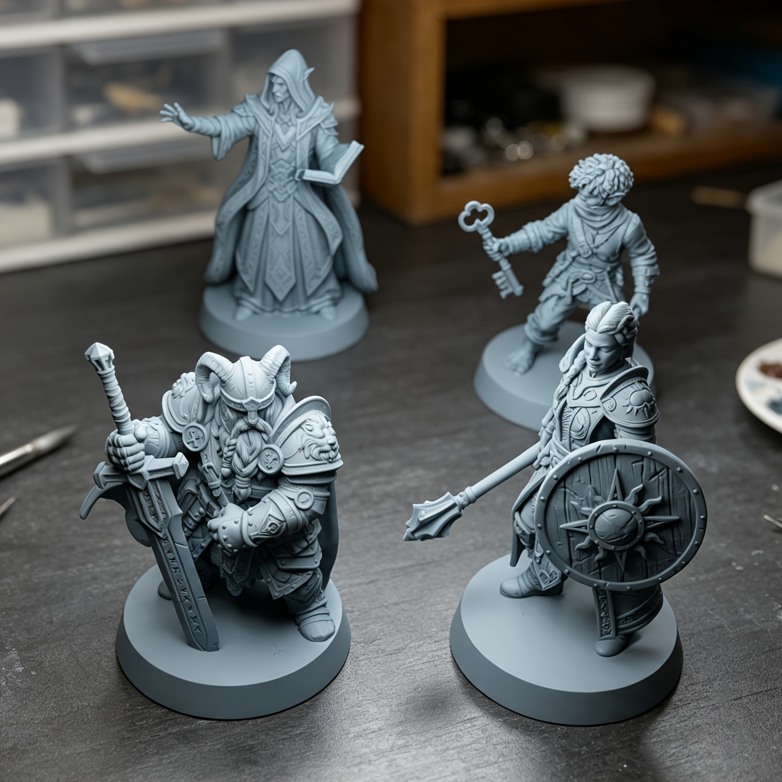 TEMU 4pcs Fantasy Advanced Resin Miniatures White Models, Including Elf , Half-orc , Horned Dwarf Warrior, And Shield-bearing , Armor And Props