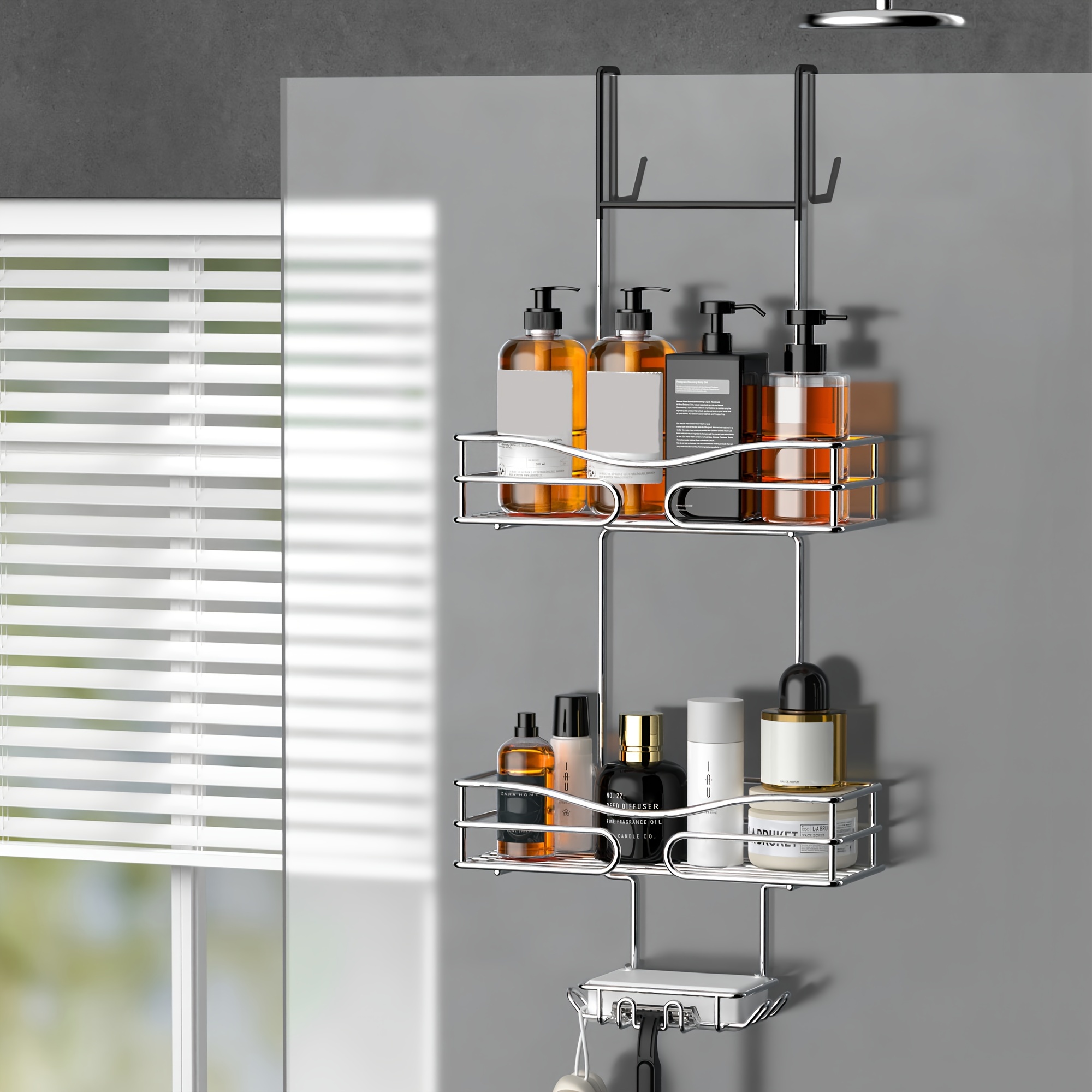 

Stainless Steel Bathroom Glass Door Hanger, Rust-proof Stainless Steel Storage Rack, With Soap Holder, Large Capacity, For Drilling