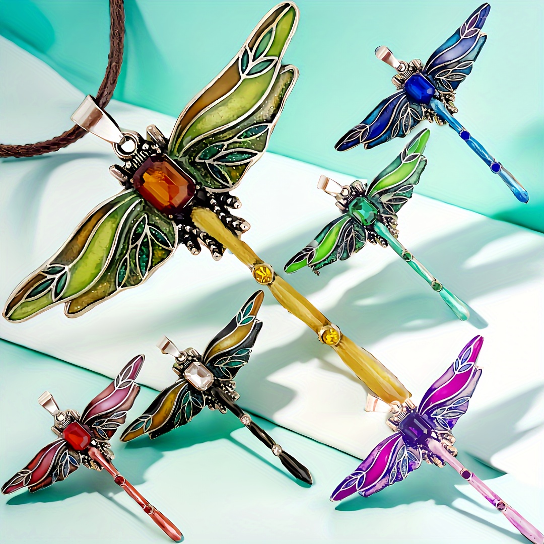 

6-pack Dragonfly Pendant Necklaces With Synthetic Stones And Accents On Leather Cord - Unisex Fashion Jewelry Gift For Christmas, Easter, Birthdays