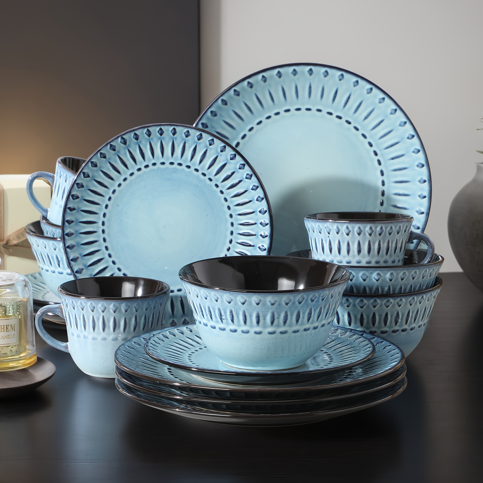 16pcs Embossed Stoneware Vintage Look Blue Dinnerware Tableware Sets Dinner Plate, Dessert Plate, Cereal Bowl And Mug, Service For 4
