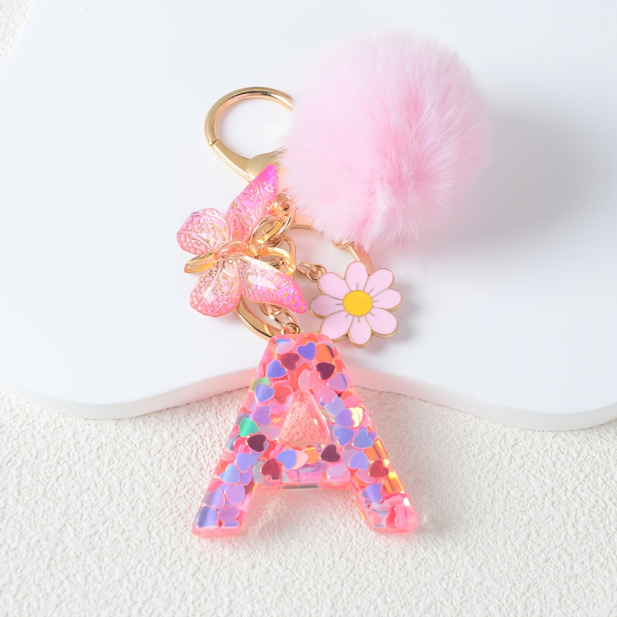 TEMU 1pc Initial Letter Keychain For Women Bag Backpack Purse Charm Cute Flowers And Butterflies Pom Pom Key Chain