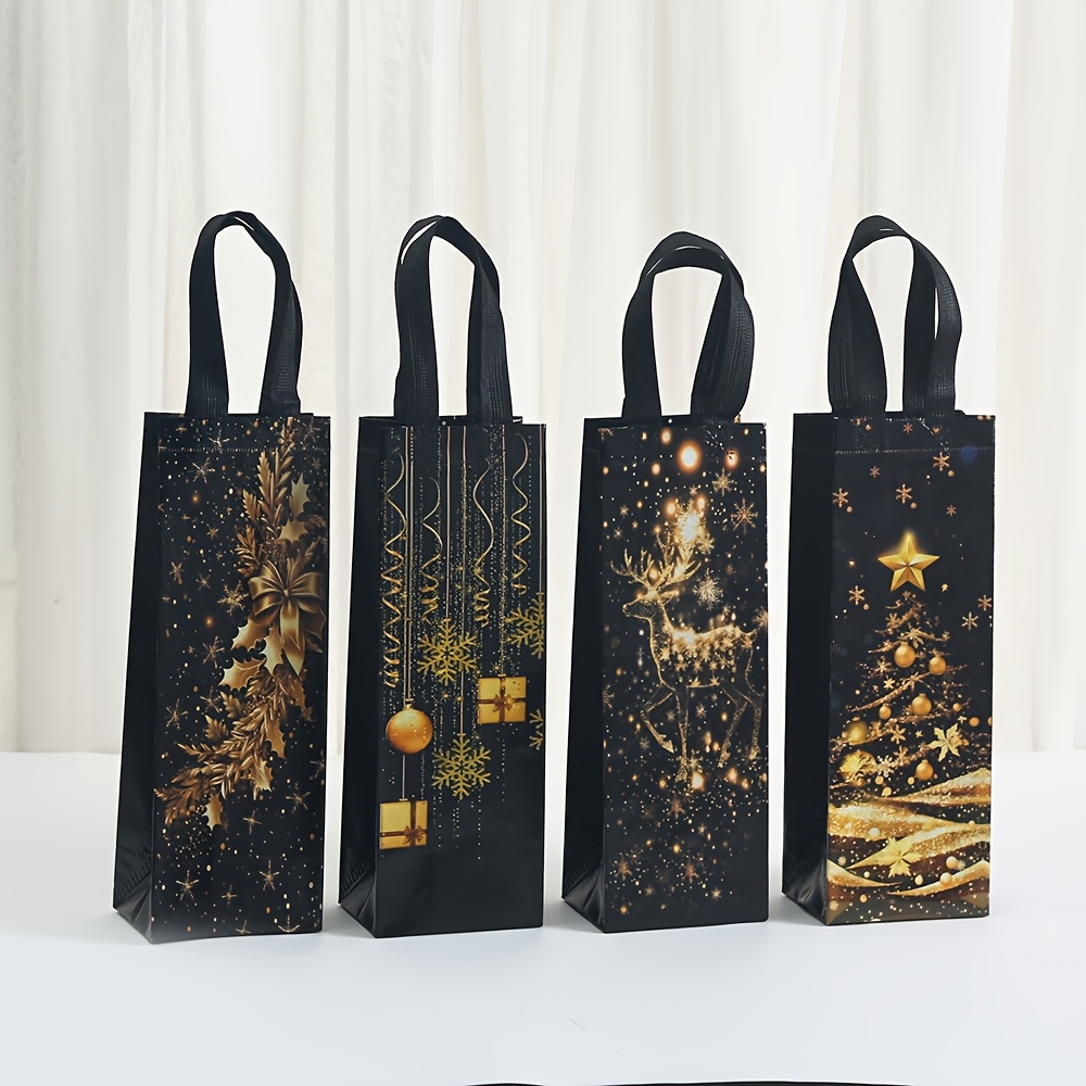TEMU 12 sacs à vin non tissés sur le thème de Noël avec motif de dorés, sacs cadeaux noirs et dorés, 13,78 pouces x 4,72 pouces x 3,54 pouces, sacs