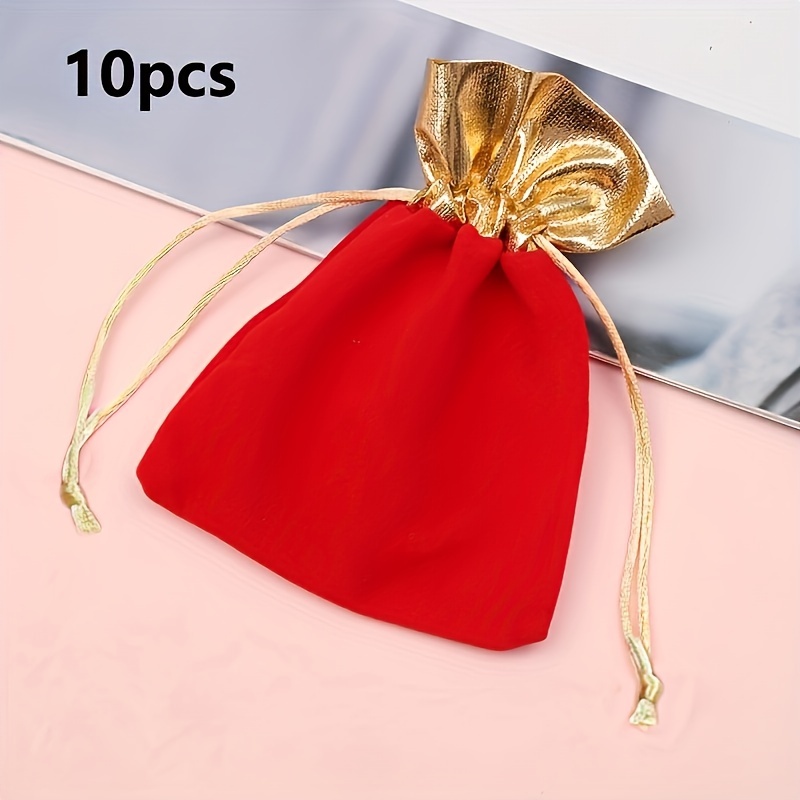 TEMU Gift For Her/him 10pcs Red Velvet Drawstring Bags With Golden Accents - Elegant Wedding Party Favors, Gift Candy Pouches, Jewelry Bags For