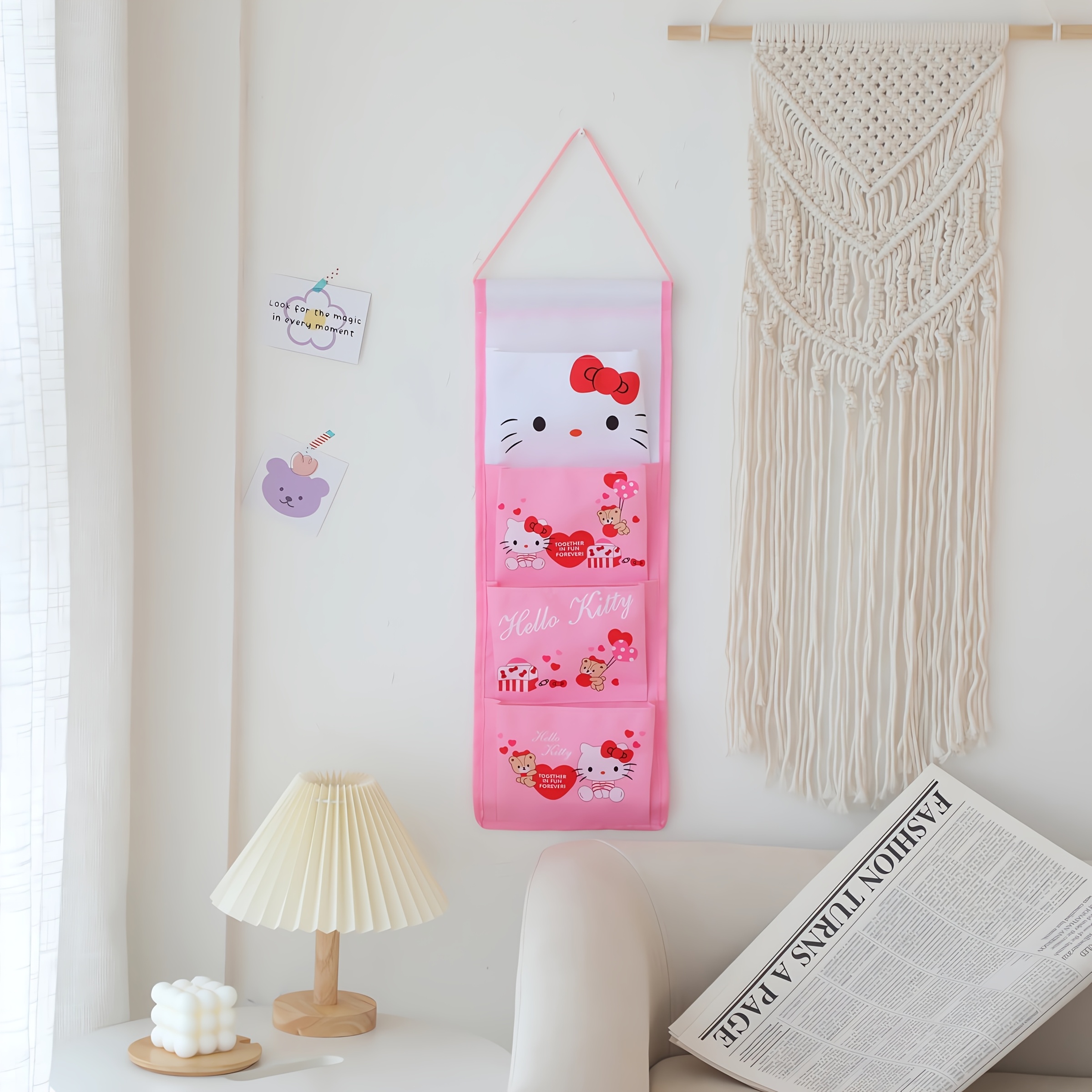 TEMU 1pc Hello Kitty Cute Pastel Organizer - No-drill Hanging Storage With 4 Grid Bags, Space-saving For Bedroom, Bathroom, Kitchen, Closet - Perfect