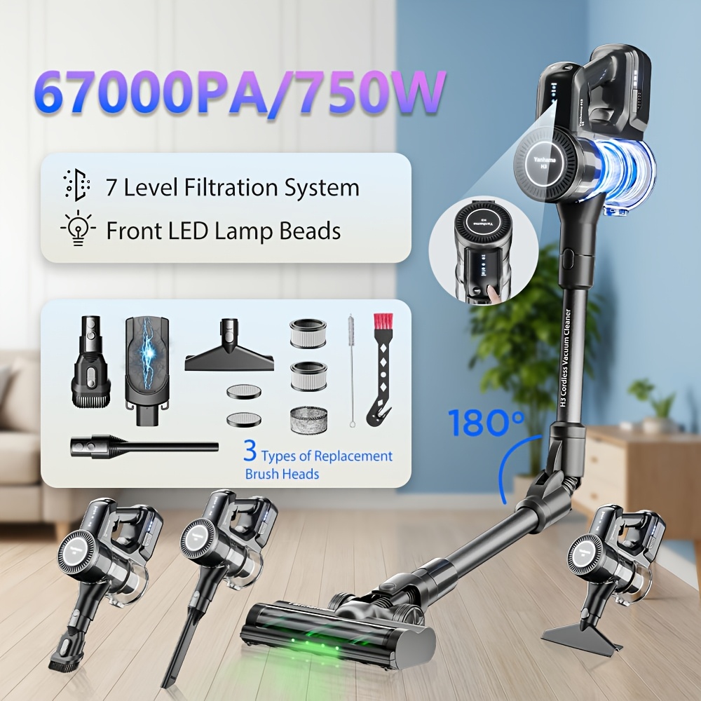 Image of 67kpa/750w Vacuum Cleaner, Ultra-long , Handheld Vacuum Cleaner For Multi-angle Cleaning, Hard Floor Sofa Crevice Cleaning, 3 Brush Heads Replacement, Cleaning Vacuum Cleaner