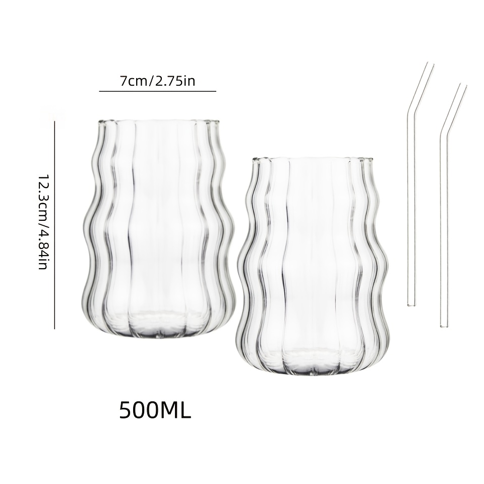 TEMU 2pcs And 2pcs Straws, 2pcs Vertical Wavy Pleated Glass Cups, High Borosilicate Transparent Glass Material, Rim With 3d Vertical Wavy Body, Fresh