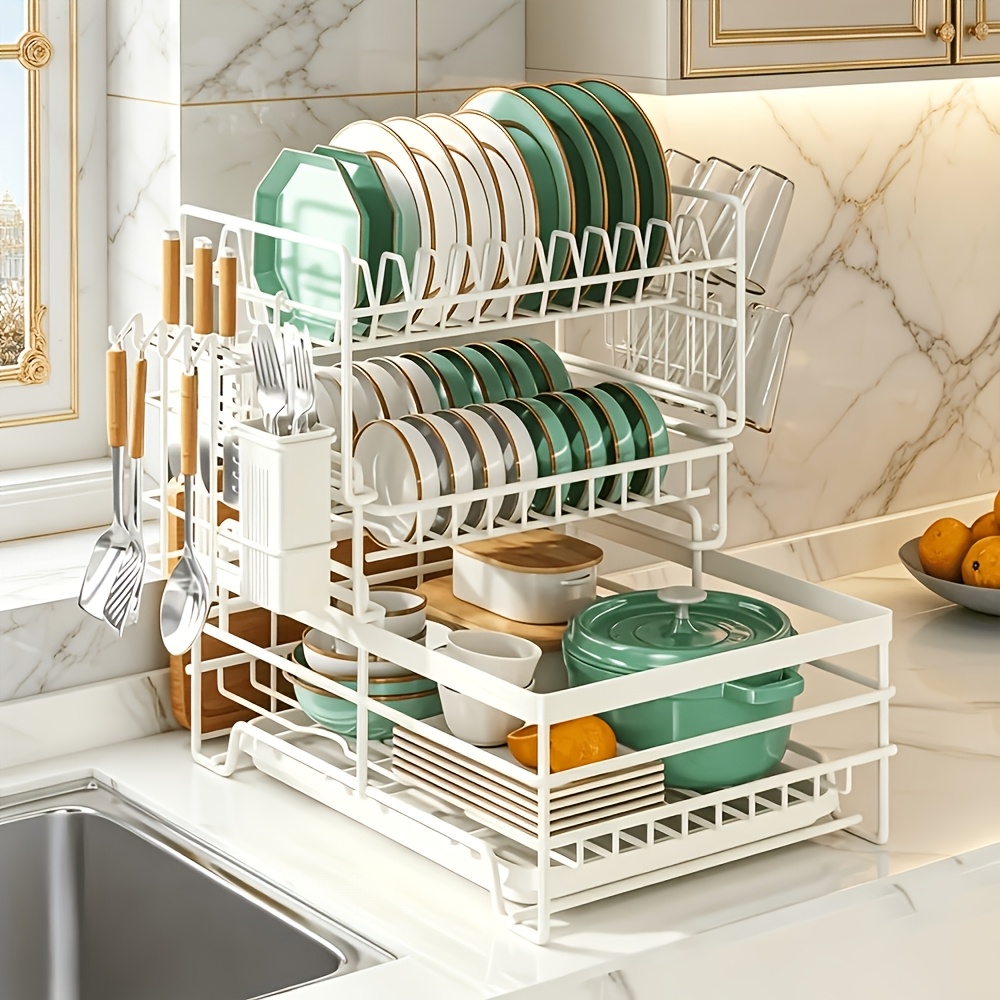 TEMU 1pc 3 Tier Dish Drainer Rack For Kitchen Counter, Space Dish Rack Large Capacity Drying Rack With Utensil Holder, Cutting Board Holder, Cup
